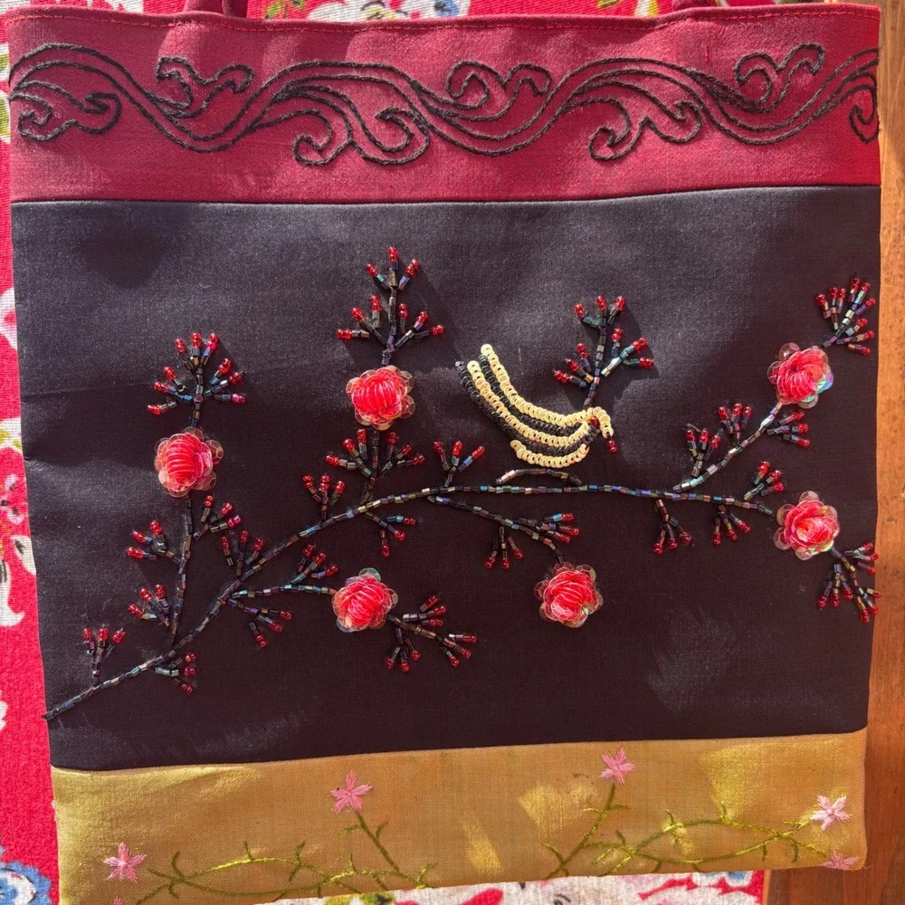 Small Beaded Sequin Whimsigoth Floral Bird Tote Bag 10X10